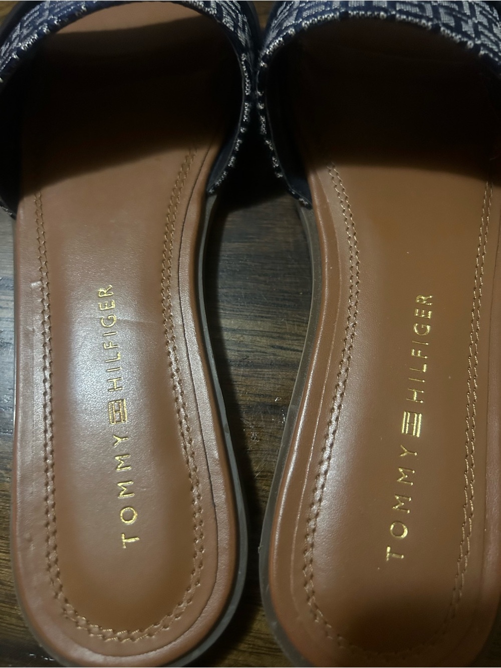 Tommy Hilfiger Men’s Navy Patterned Slip-On Sandals with Brown Leather Footbed